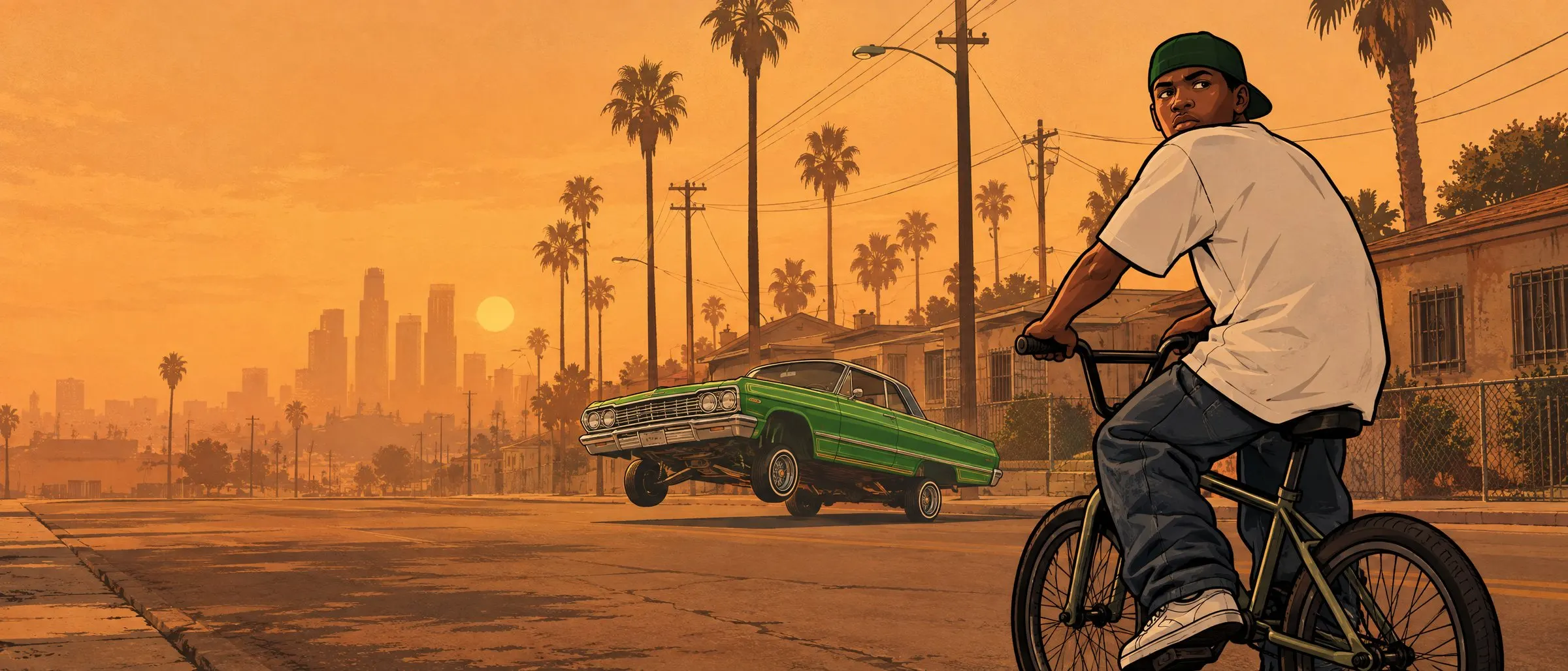 A '90s Los Santos street under orange smog; a kid on a BMX looks back as a green lowrider hops in the distance